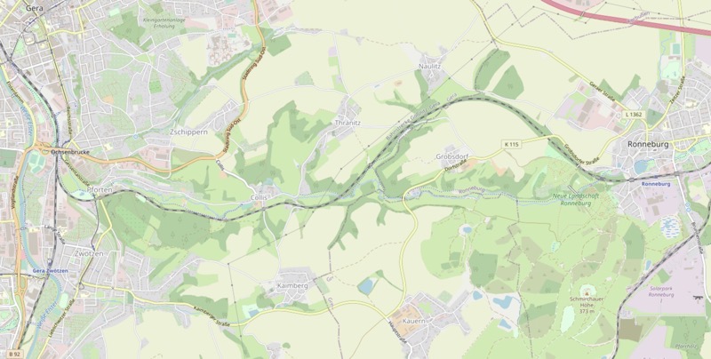 Die Karte zeigt das Gessental zwischen Gera Pforten im Westen und Ronneburg im Osten.